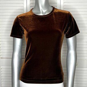 Vtg 90s ROXY WEAR by Roxanne Heptner Brown Stretch Velour Crew Neck T-Shirt XS/S